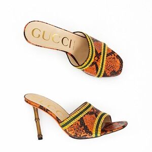Gucci Bamboo Heel Slide Sandal Heels Orange Python Leather Size 39 Made in Italy